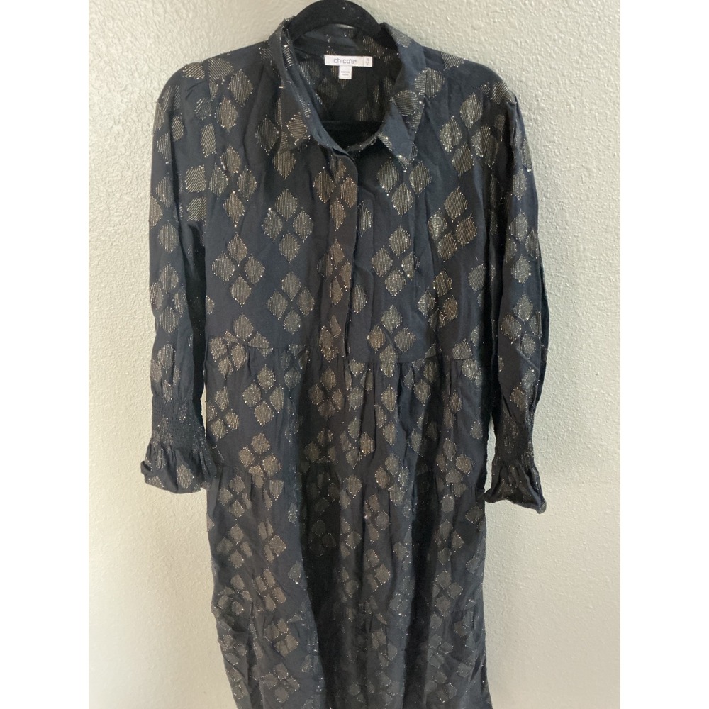 Chico's Tiered Midi Dress Womens 1.5 US 10 Black Gold Excellent Metallic Boho